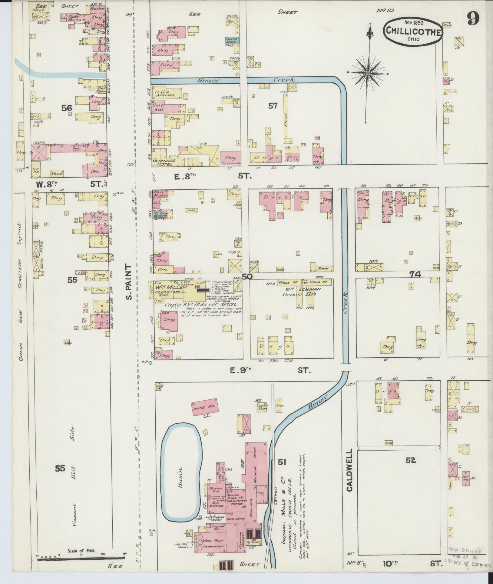 Sanborn Fire Insurance Map from Chillicothe, Ross County, Ohio (1890), Sheet #0009 - Historic Sanborn Fire Insurance Map Print, vintage old map wall art, antique decor, genealogy gift, Ohio Ohio map