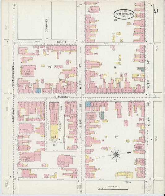 Frederick, Maryland - 1892 - Sanborn Fire Insurance Map, Sheet #0009 - Historic Sanborn Fire Insurance Map Print, Frederick Maryland 1892 0009 vintage old map wall art
