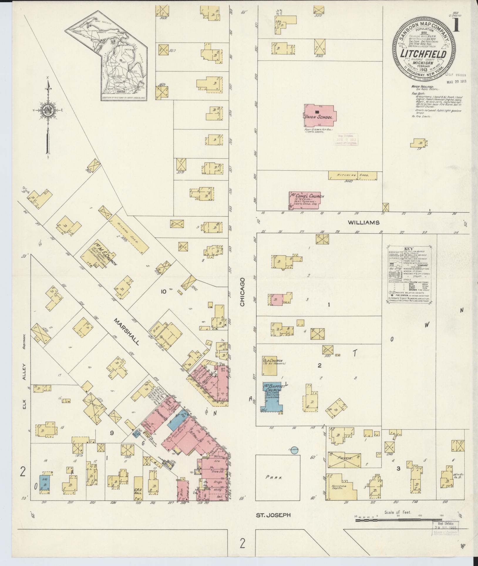 Sanborn Fire Insurance Map from Litchfield, Hillsdale County, Michigan (1913), Sheet #0001 - Complete Map Set gallery image, historic Sanborn map, vintage wall art, Michigan Michigan