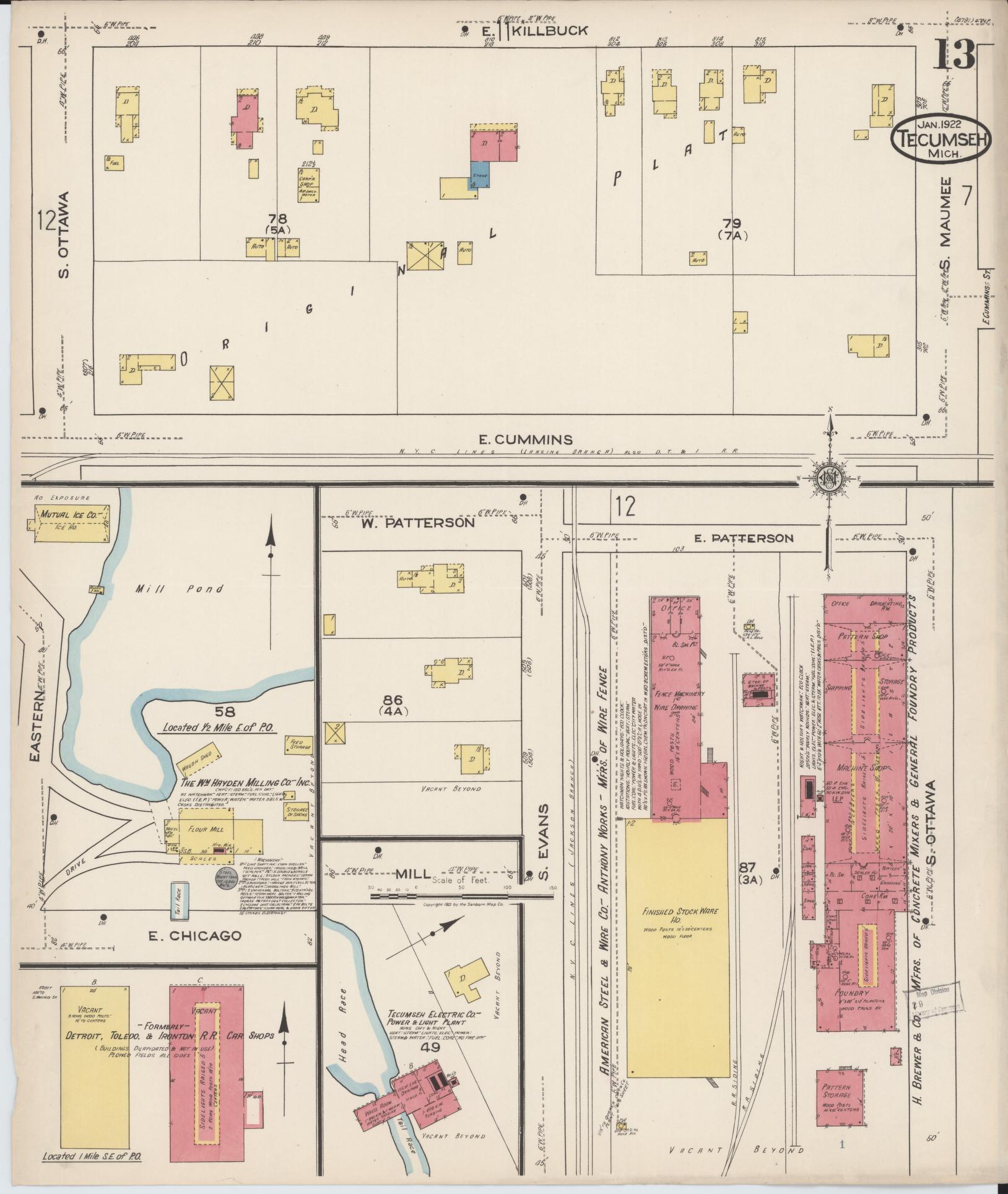 Sanborn Fire Insurance Map from Tecumseh, Lenawee County, Michigan (1922), Sheet #0013 - Complete Map Set gallery image, historic Sanborn map, vintage wall art, Michigan Michigan