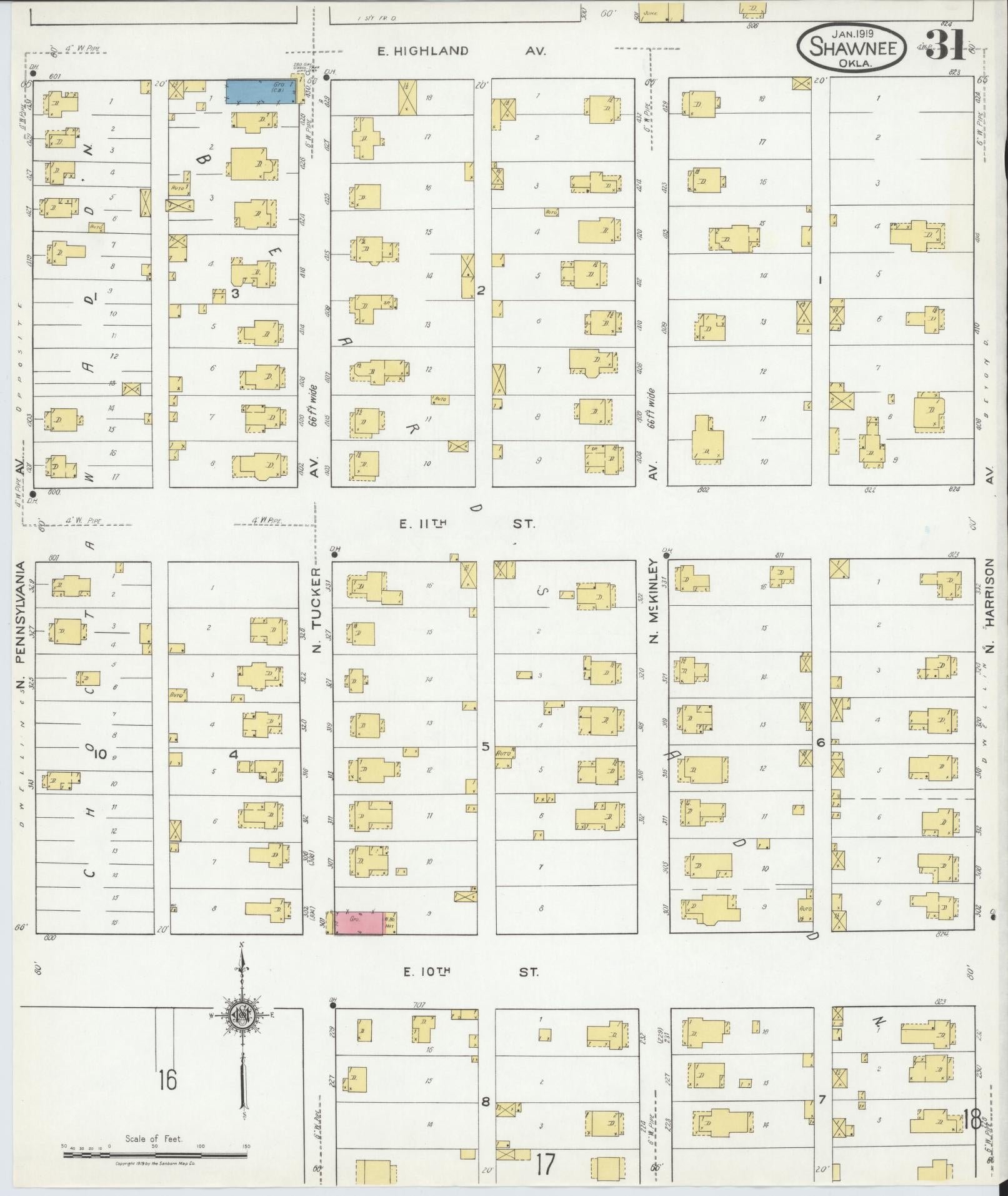 Sanborn Fire Insurance Map from Shawnee, Pottawatomie County, Oklahoma (1919), Sheet #0031 - Complete Map Set gallery image, historic Sanborn map, vintage wall art, Oklahoma Oklahoma