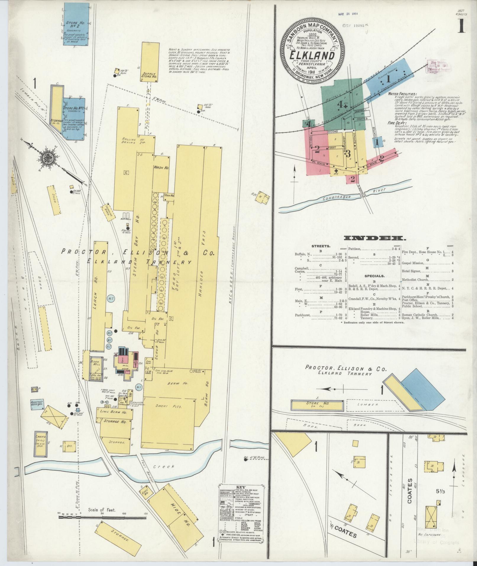 Sanborn Fire Insurance Map from Elkland, Tioga County, Pennsylvania (1911), Sheet #0001 - Historic Sanborn Fire Insurance Map Print, vintage old map wall art, antique decor, genealogy gift, Pennsylvania Pennsylvania map