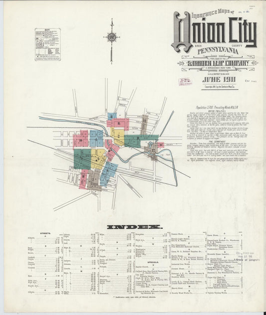Sanborn Fire Insurance Map from Union City, Erie County, Pennsylvania (1911), Sheet #0001 - Historic Sanborn Fire Insurance Map Print, vintage old map wall art, antique decor, genealogy gift, Pennsylvania Pennsylvania map