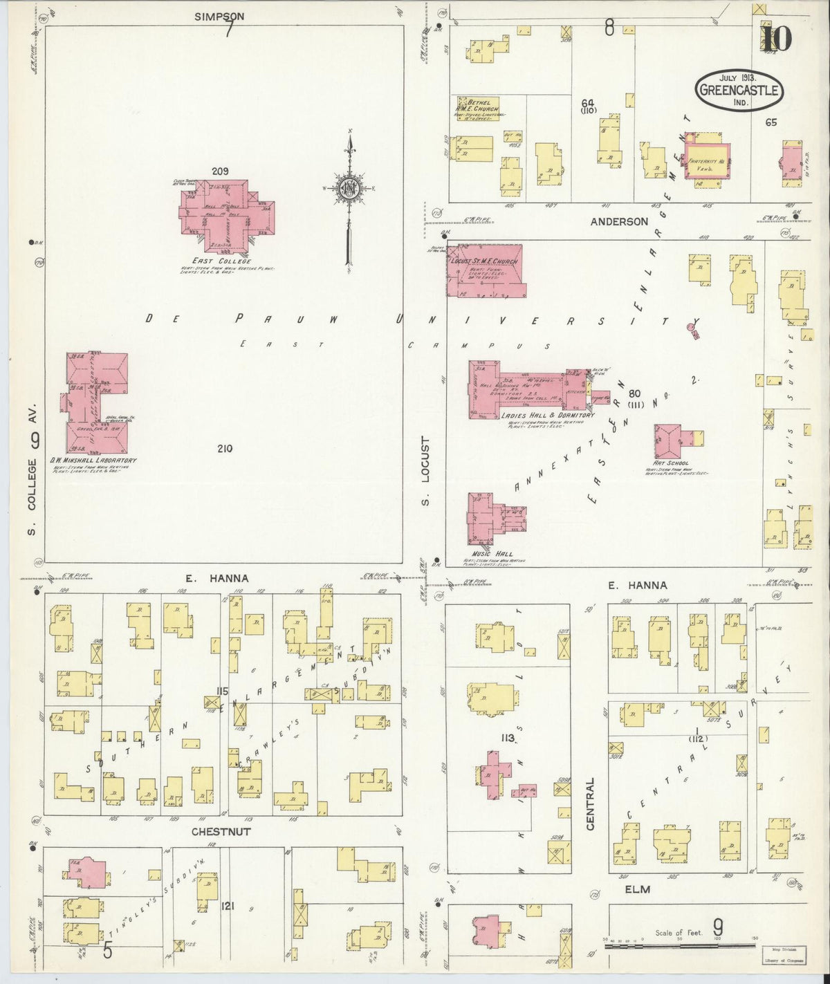 Sanborn Fire Insurance Map from Greencastle, Putnam County, Indiana (1913), Sheet #0010 - Historic Sanborn Fire Insurance Map Print, vintage old map wall art, antique decor, genealogy gift, Indiana Indiana map