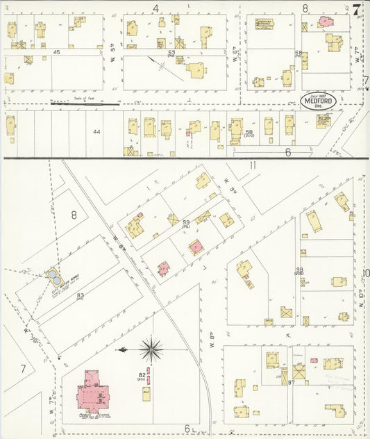 Sanborn Fire Insurance Map from Medford, Jackson County, Oregon (1907), Sheet #0007 - Historic Sanborn Fire Insurance Map Print, vintage old map wall art, antique decor, genealogy gift, Oregon Oregon map