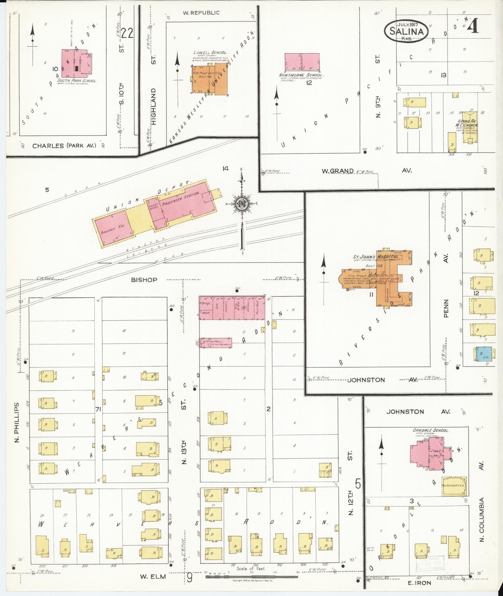 Sanborn Fire Insurance Map from Salina, Saline County, Kansas (1917), Sheet #0004 - Complete Map Set gallery image, historic Sanborn map, vintage wall art, Kansas Kansas