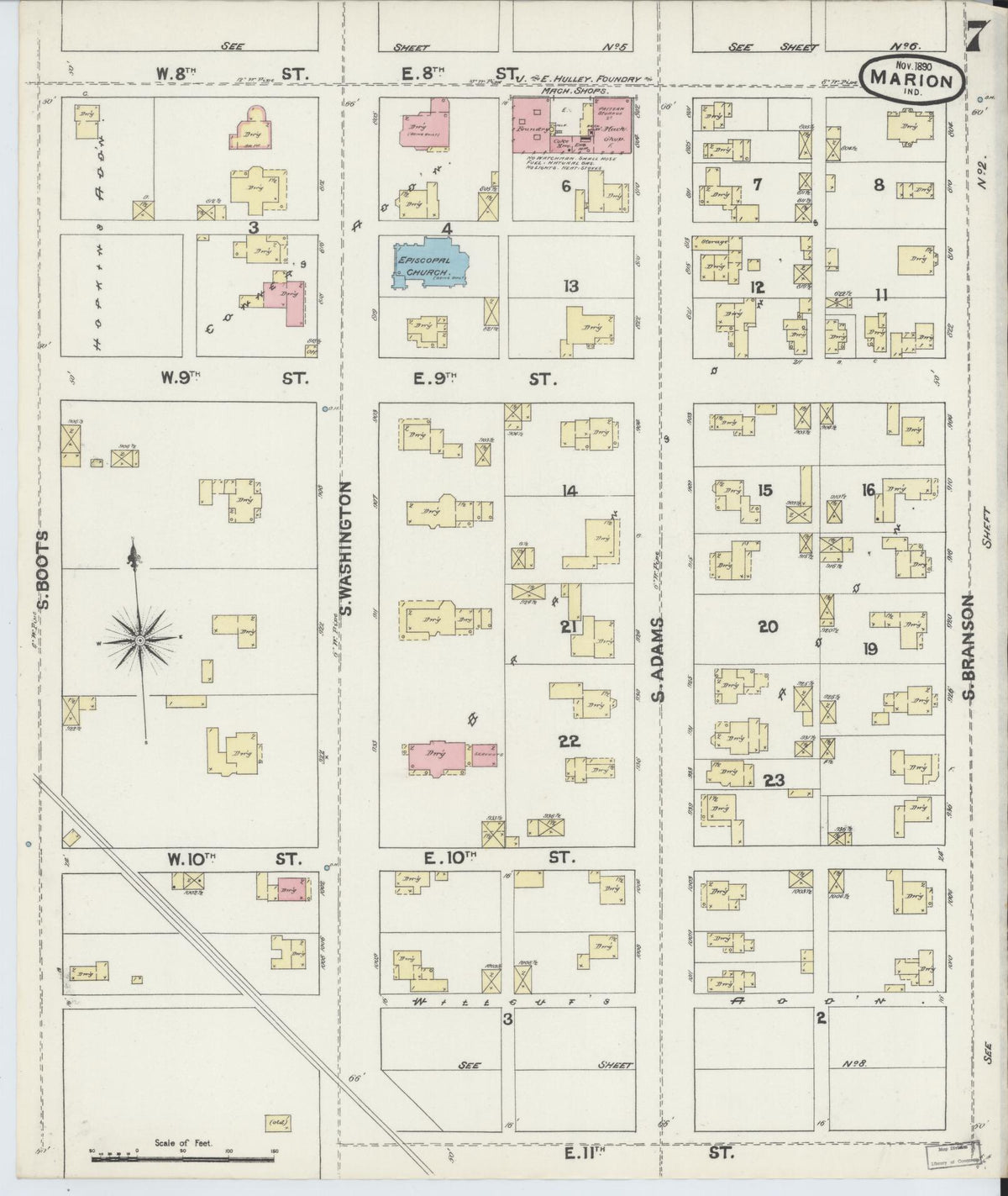 Sanborn Fire Insurance Map from Marion, Grant County, Indiana (1890), Sheet #0007 - Historic Sanborn Fire Insurance Map Print, vintage old map wall art, antique decor, genealogy gift, Indiana Indiana map