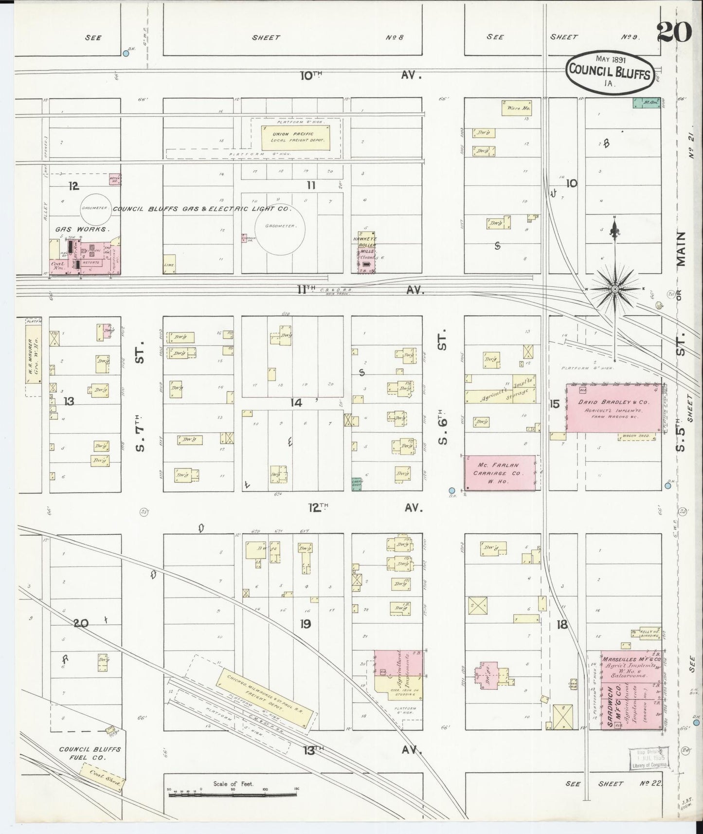 Sanborn Fire Insurance Map from Council Bluffs, Pottawattamie County, Iowa (1891), Sheet #0020 - Historic Sanborn Fire Insurance Map Print, vintage old map wall art
