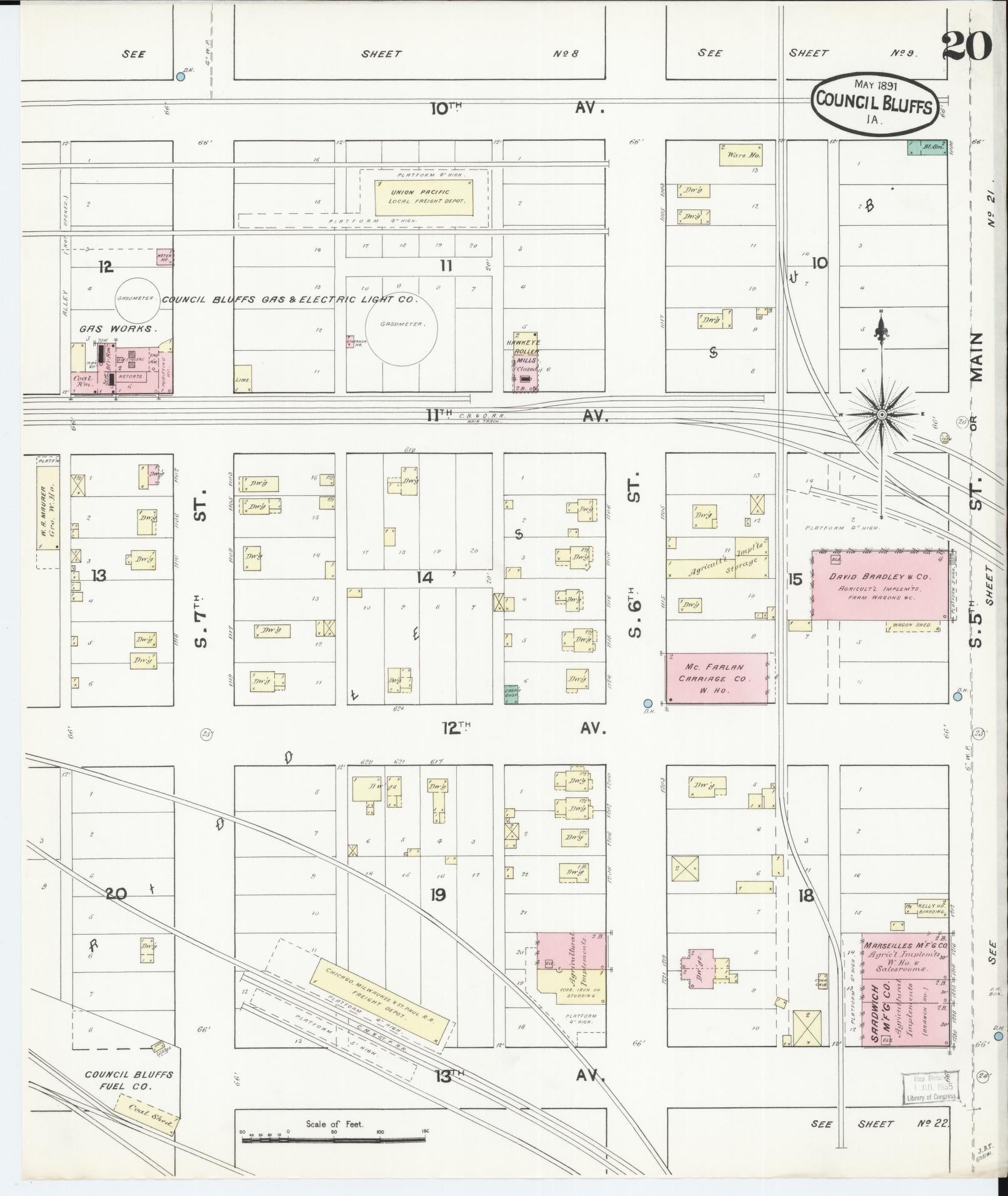 Sanborn Fire Insurance Map from Council Bluffs, Pottawattamie County, Iowa (1891), Sheet #0020 - Historic Sanborn Fire Insurance Map Print, vintage old map wall art