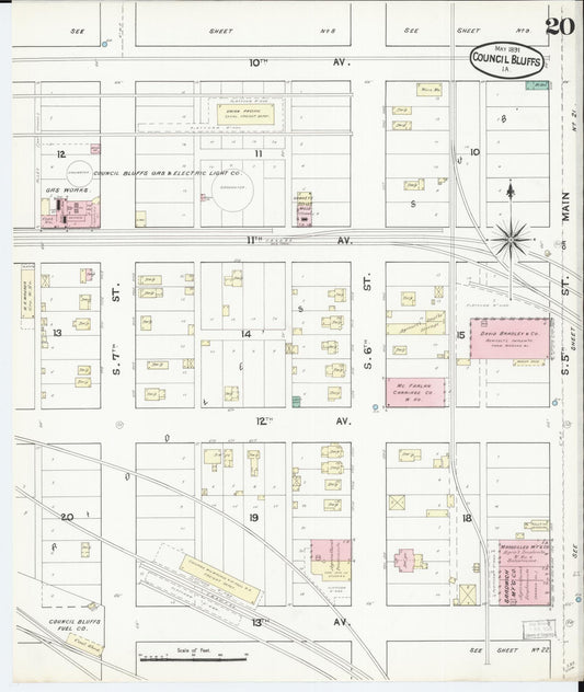 Sanborn Fire Insurance Map from Council Bluffs, Pottawattamie County, Iowa (1891), Sheet #0020 - Historic Sanborn Fire Insurance Map Print, vintage old map wall art