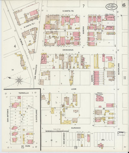 Sanborn Fire Insurance Map from El Paso, El Paso County, Texas (1898), Sheet #0006 - Historic Sanborn Fire Insurance Map Print, vintage old map wall art, antique decor, genealogy gift, Texas Texas map