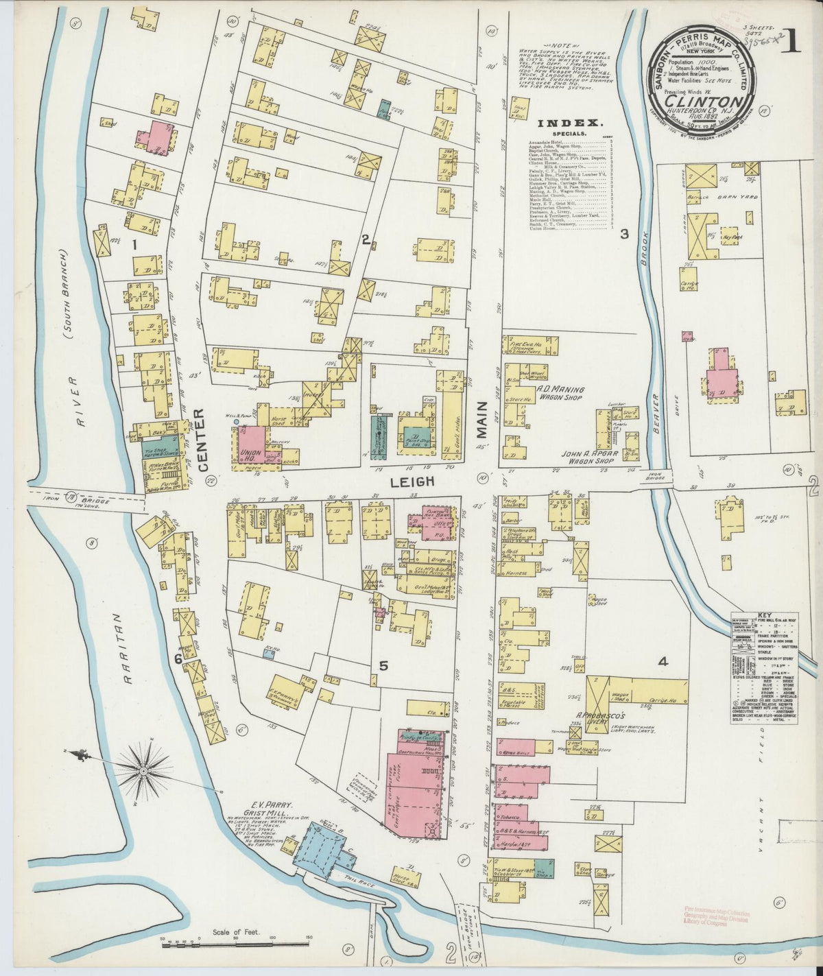 Sanborn Fire Insurance Map from Clinton, Hunterdon County, New Jersey (1892), Sheet #0001 - Complete Map Set gallery image, historic Sanborn map, vintage wall art, New Jersey New Jersey