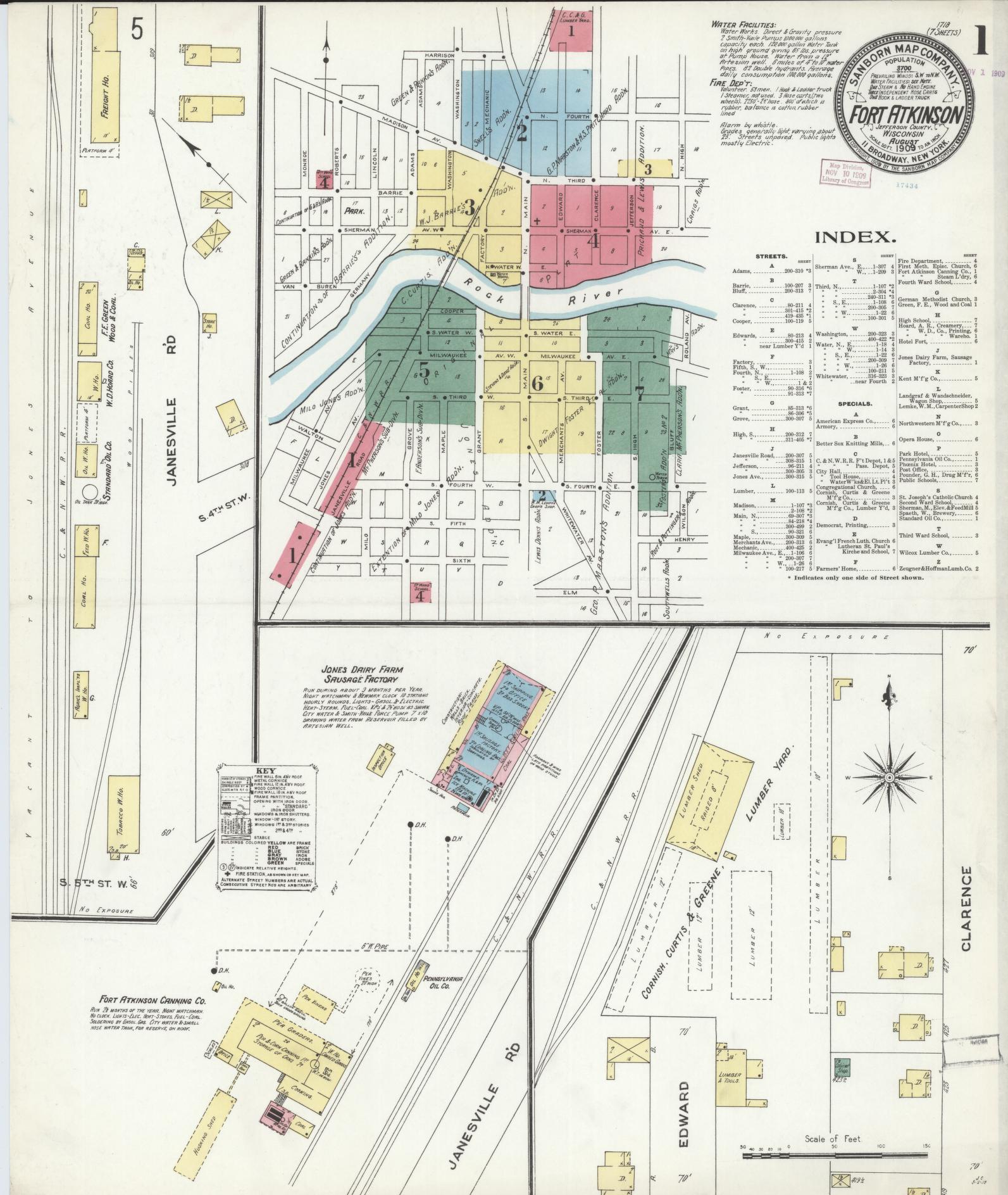 Sanborn Fire Insurance Map from Fort Atkinson, Jefferson County, Wisconsin (1909), Sheet #0001 - Historic Sanborn Fire Insurance Map Print, vintage old map wall art, antique decor, genealogy gift, Wisconsin Wisconsin map