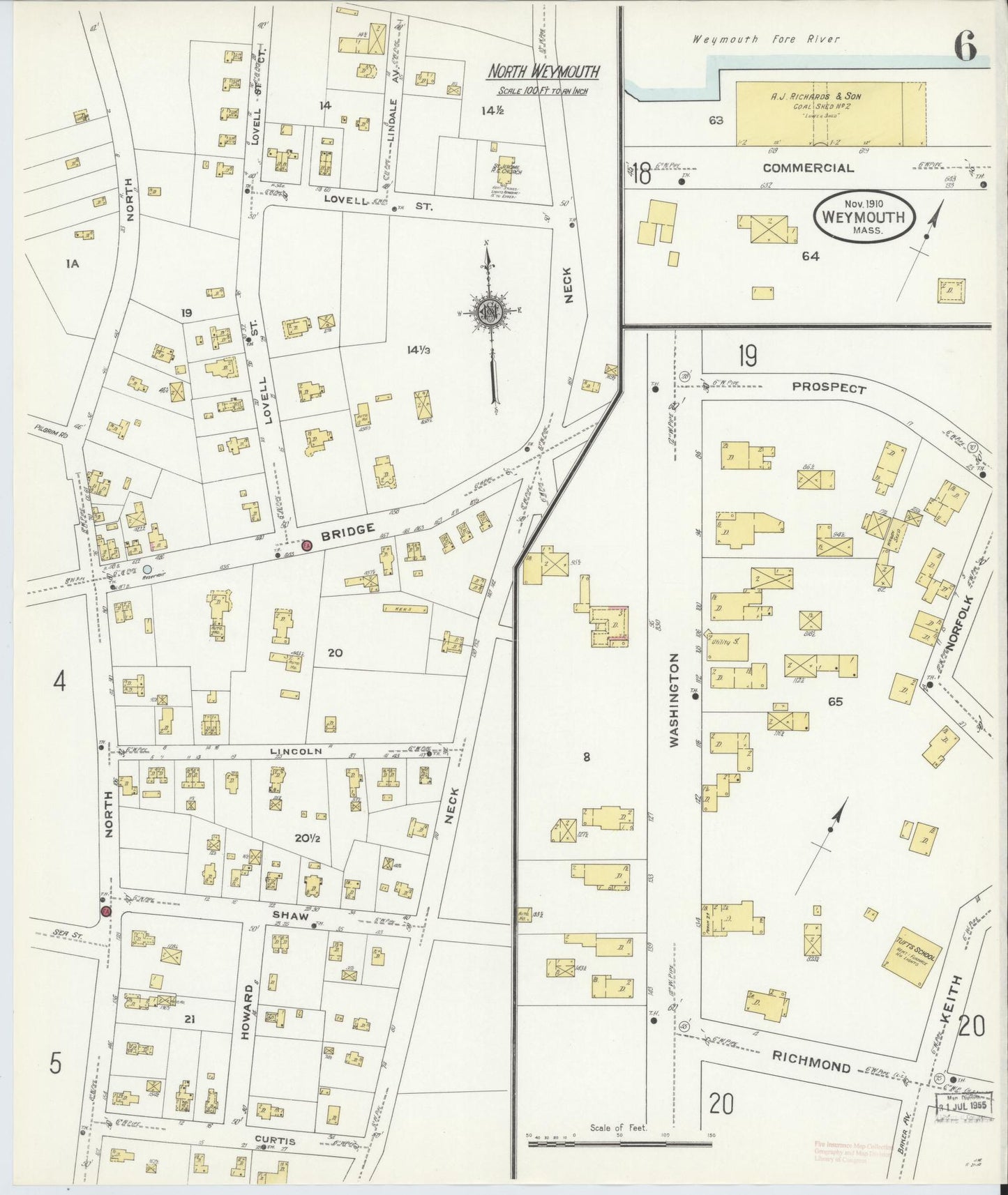 Sanborn Fire Insurance Map from Weymouth, Norfolk County, Massachusetts (1910), Sheet #0006 - Historic Sanborn Fire Insurance Map Print, vintage old map wall art, antique decor, genealogy gift, Massachusetts Massachusetts map