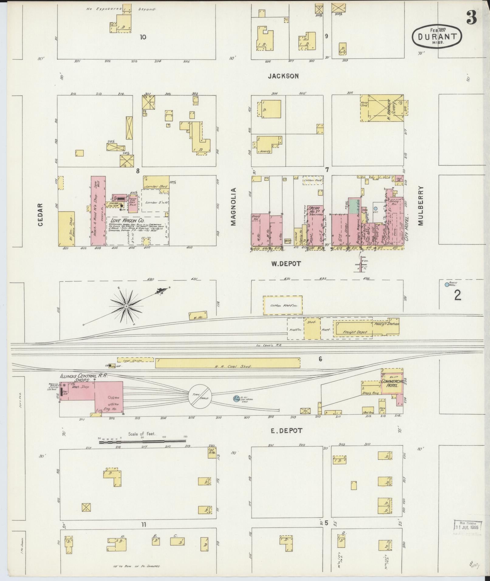 Sanborn Fire Insurance Map from Durant, Holmes County, Mississippi (1897), Sheet #0003 - Complete Map Set gallery image, historic Sanborn map, vintage wall art, Mississippi Mississippi
