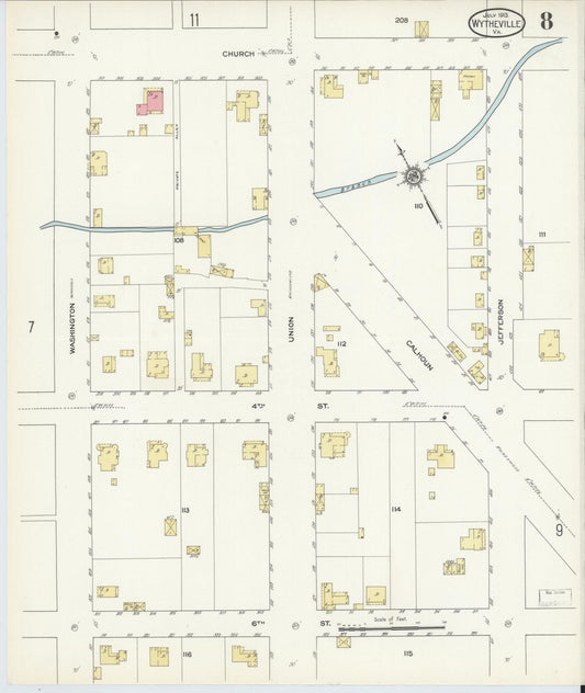 Sanborn Fire Insurance Map from Wytheville, Wythe County, Virginia (1913), Sheet #0008 - Historic Sanborn Fire Insurance Map Print, vintage old map wall art, antique decor, genealogy gift, Virginia Virginia map