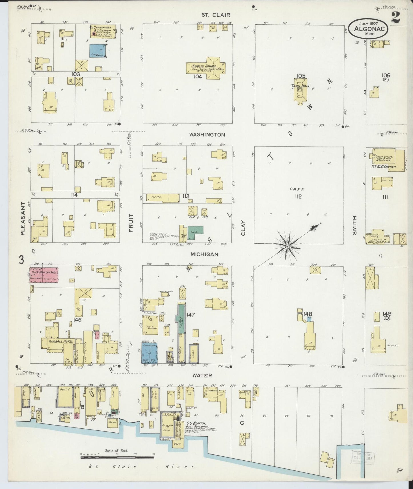 Sanborn Fire Insurance Map from Algonac, Saint Clair County, Michigan (1907), Sheet #0002 - Historic Sanborn Fire Insurance Map Print, vintage old map wall art, antique decor, genealogy gift, Michigan Michigan map