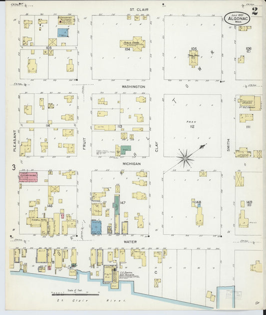 Sanborn Fire Insurance Map from Algonac, Saint Clair County, Michigan (1907), Sheet #0002 - Historic Sanborn Fire Insurance Map Print, vintage old map wall art, antique decor, genealogy gift, Michigan Michigan map