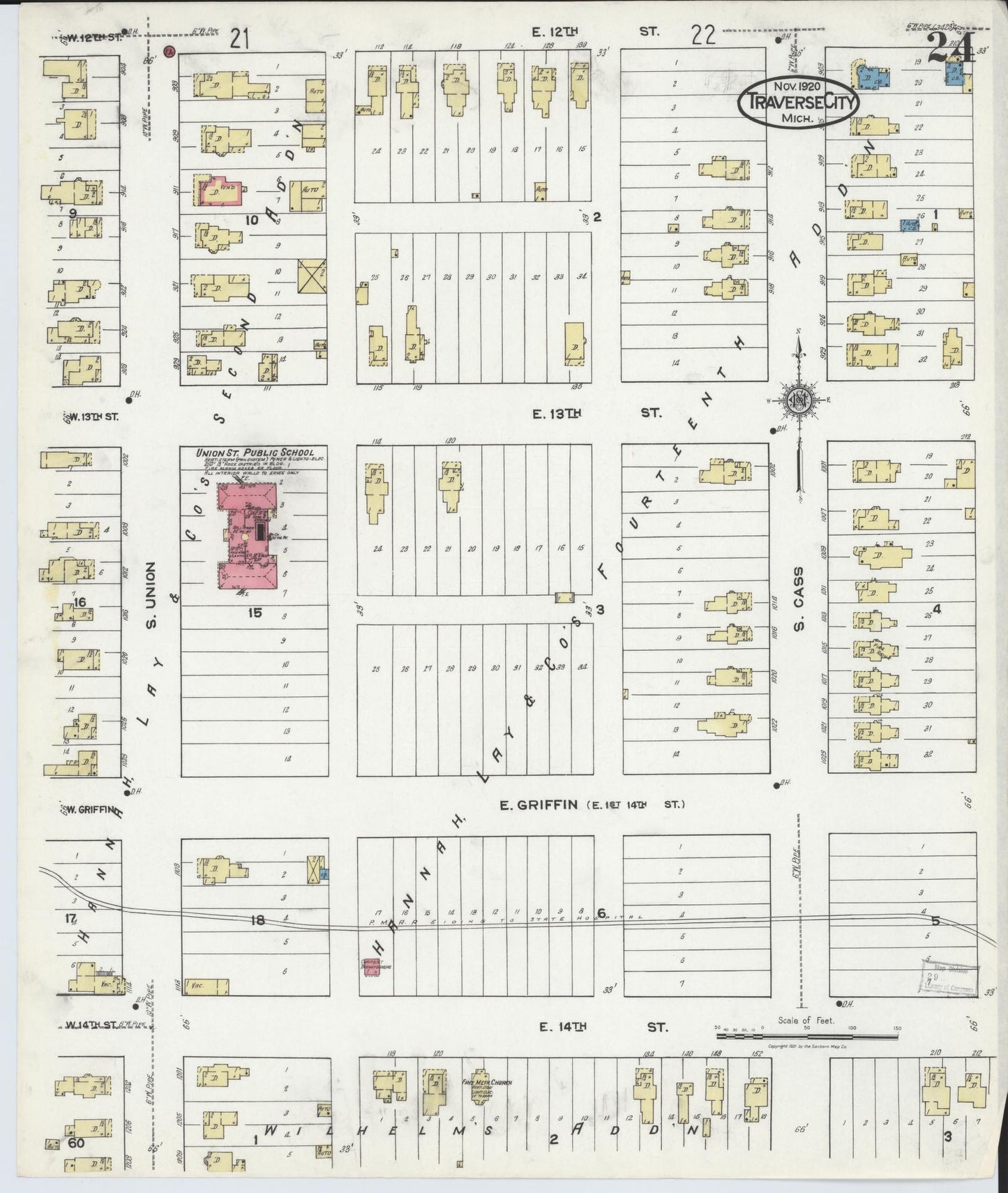 Sanborn Fire Insurance Map from Traverse City, Grand Traverse County, Michigan (1920), Sheet #0024 - Historic Sanborn Fire Insurance Map Print, vintage old map wall art, antique decor, genealogy gift, Michigan Michigan map