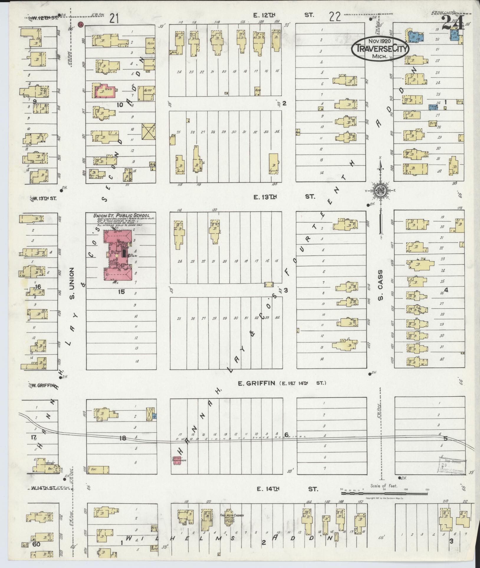 Sanborn Fire Insurance Map from Traverse City, Grand Traverse County, Michigan (1920), Sheet #0024 - Historic Sanborn Fire Insurance Map Print, vintage old map wall art, antique decor, genealogy gift, Michigan Michigan map