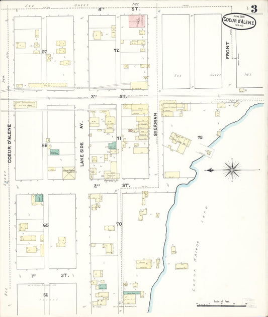 Sanborn Fire Insurance Map from Coeur D'alene, Kootenai County, Idaho (1891), Sheet #0003 - Historic Sanborn Fire Insurance Map Print, vintage old map wall art, antique decor, genealogy gift, Idaho Idaho map