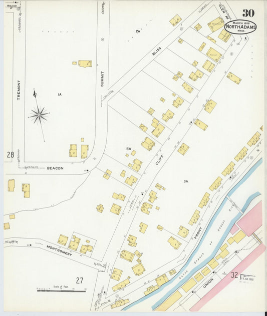 Sanborn Fire Insurance Map from North Adams, Berkshire County, Massachusetts (1908), Sheet #0030 - Historic Sanborn Fire Insurance Map Print, vintage old map wall art, antique decor, genealogy gift, Massachusetts Massachusetts map
