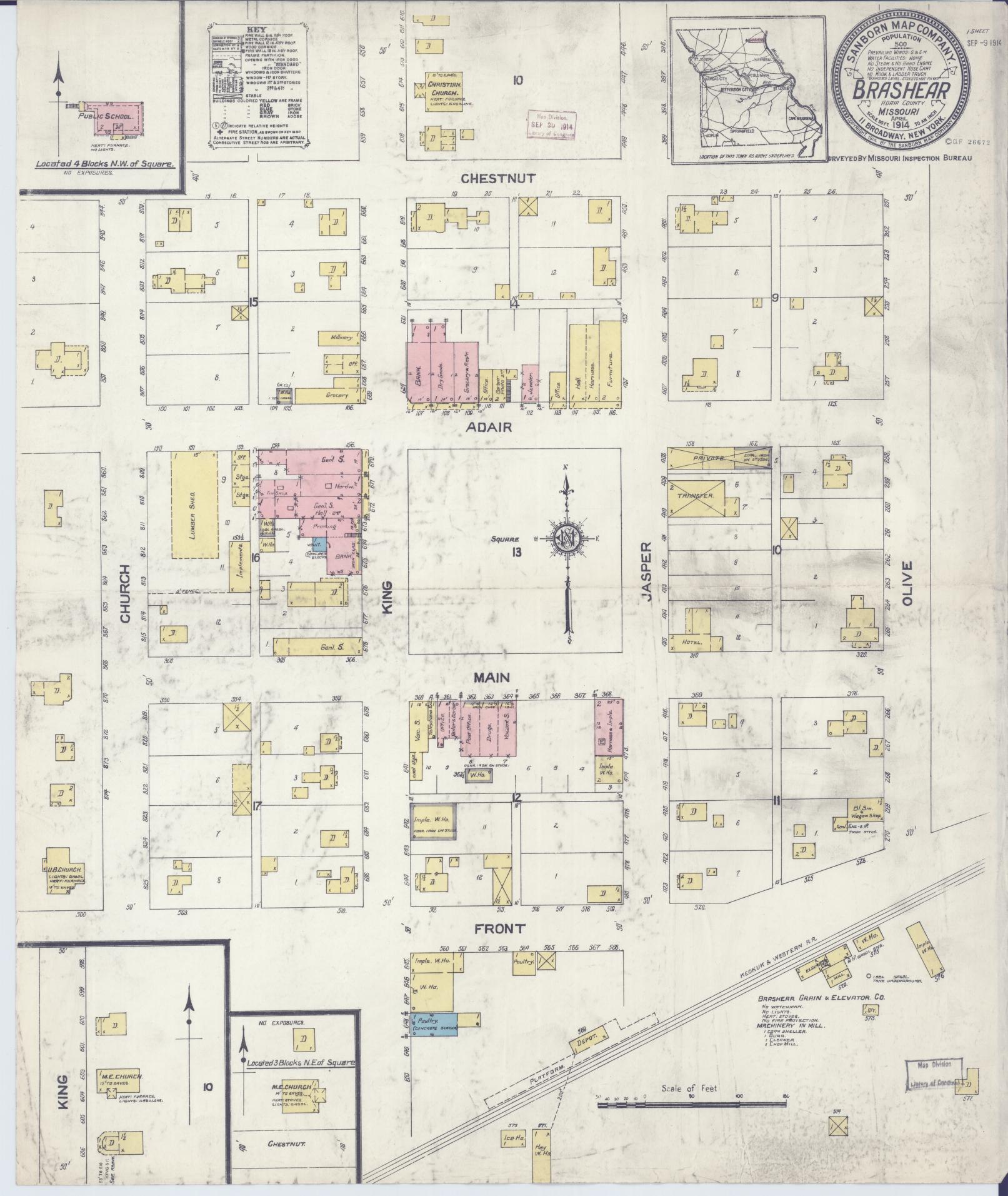 Sanborn Fire Insurance Map from Brashear, Adair County, Missouri (1914), Sheet #0001 - Historic Sanborn Fire Insurance Map Print, vintage old map wall art, antique decor, genealogy gift, Missouri Missouri map