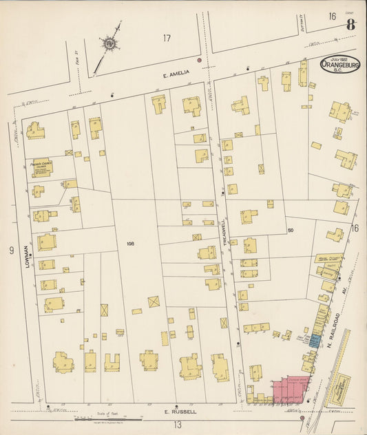 Sanborn Fire Insurance Map from Orangeburg, Orangeburg County, South Carolina (1922), Sheet #0008 - Historic Sanborn Fire Insurance Map Print, vintage old map wall art, antique decor, genealogy gift, South Carolina South Carolina map