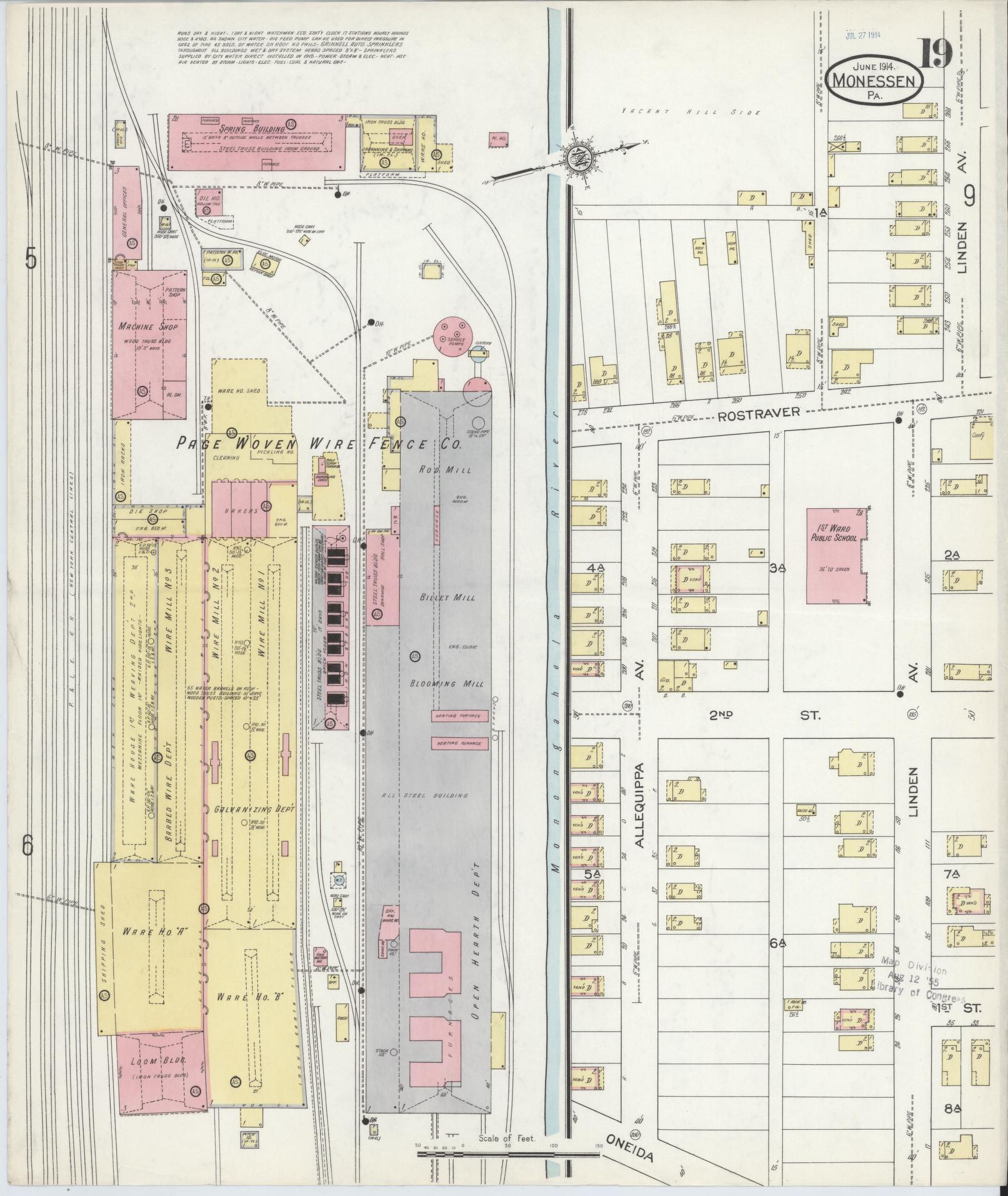 Sanborn Fire Insurance Map from Monessen, Westmoreland County, Pennsylvania (1914), Sheet #0019 - Historic Sanborn Fire Insurance Map Print, vintage old map wall art, antique decor, genealogy gift, Pennsylvania Pennsylvania map