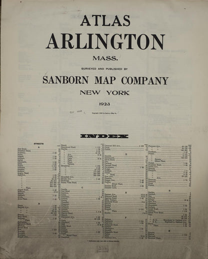 Sanborn Fire Insurance Map from Arlington, Middlesex County, Massachusetts (1923), Sheet #0001 - Historic Sanborn Fire Insurance Map Print, vintage old map wall art, antique decor, genealogy gift, Massachusetts Massachusetts map