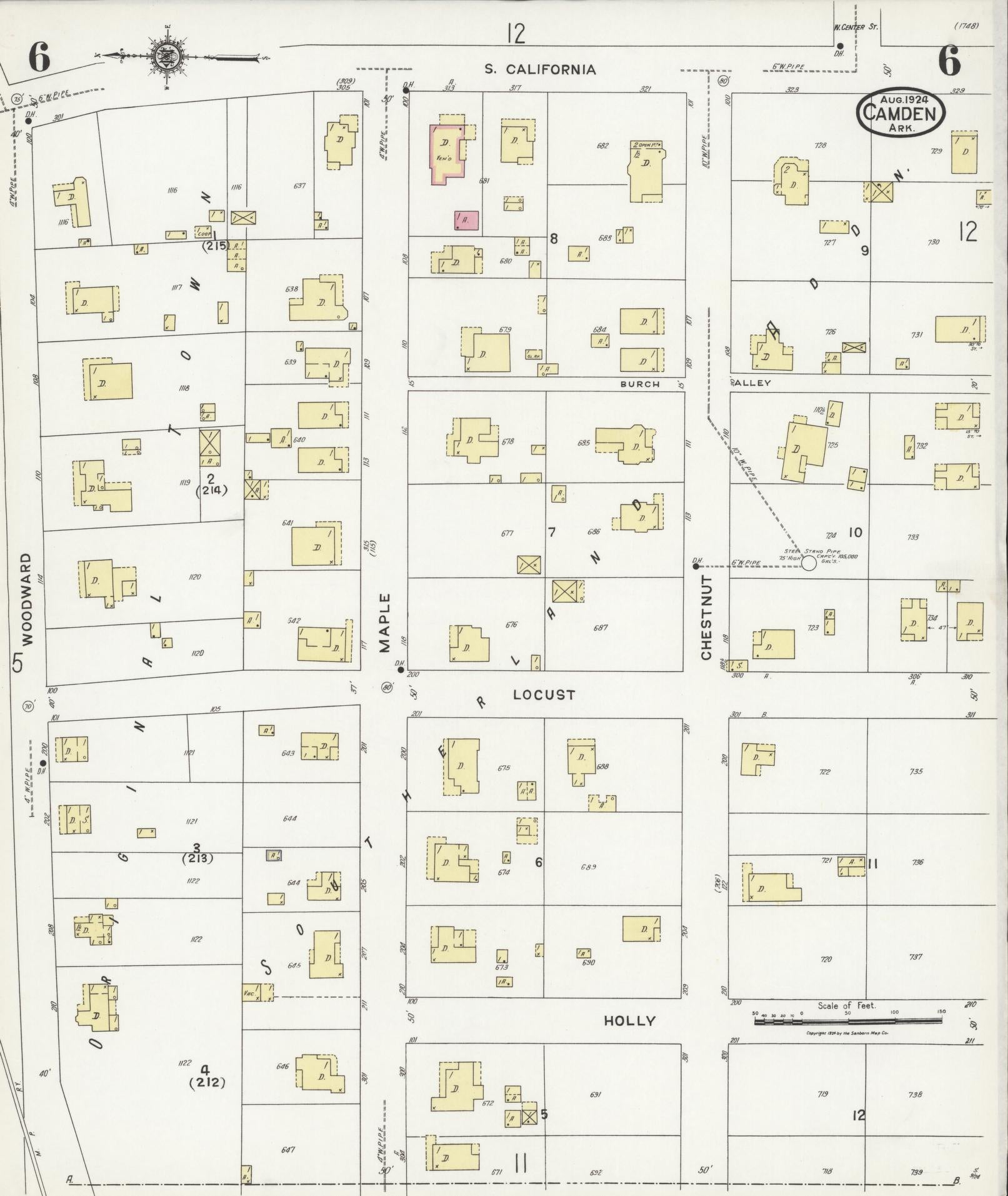 Sanborn Fire Insurance Map from Camden, Ouachita County, Arkansas (1924), Sheet #0006 - Historic Sanborn Fire Insurance Map Print, vintage old map wall art, antique decor, genealogy gift, Arkansas Arkansas map