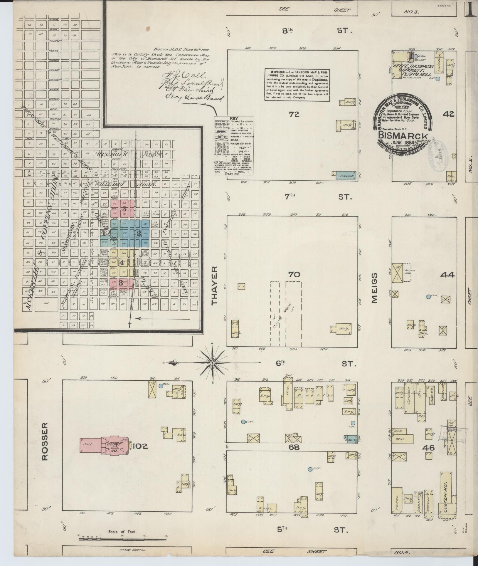 Sanborn Fire Insurance Map from Bismarck, Burleigh County, North Dakota (1884), Sheet #0001 - Historic Sanborn Fire Insurance Map Print, vintage old map wall art, antique decor, genealogy gift, North Dakota North Dakota map