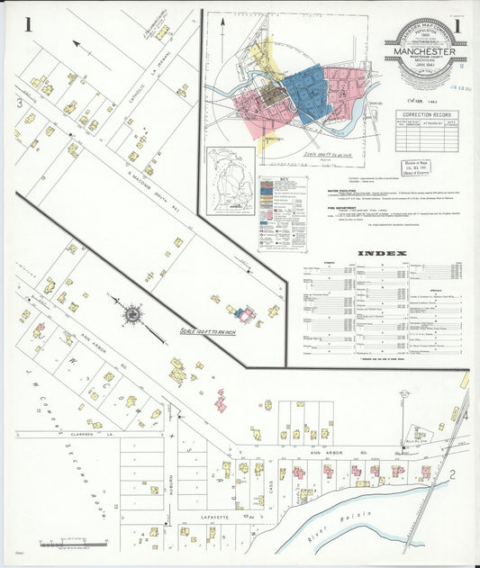 Sanborn Fire Insurance Map from Manchester, Washtenaw County, Michigan (1941), Sheet #0001 - Historic Sanborn Fire Insurance Map Print, vintage old map wall art, antique decor, genealogy gift, Michigan Michigan map