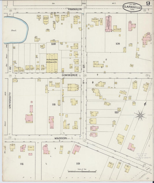 Sanborn Fire Insurance Map from Clarksville, Montgomery County, Tennessee (1889), Sheet #0009 - Historic Sanborn Fire Insurance Map Print, vintage old map wall art, antique decor, genealogy gift, Tennessee Tennessee map
