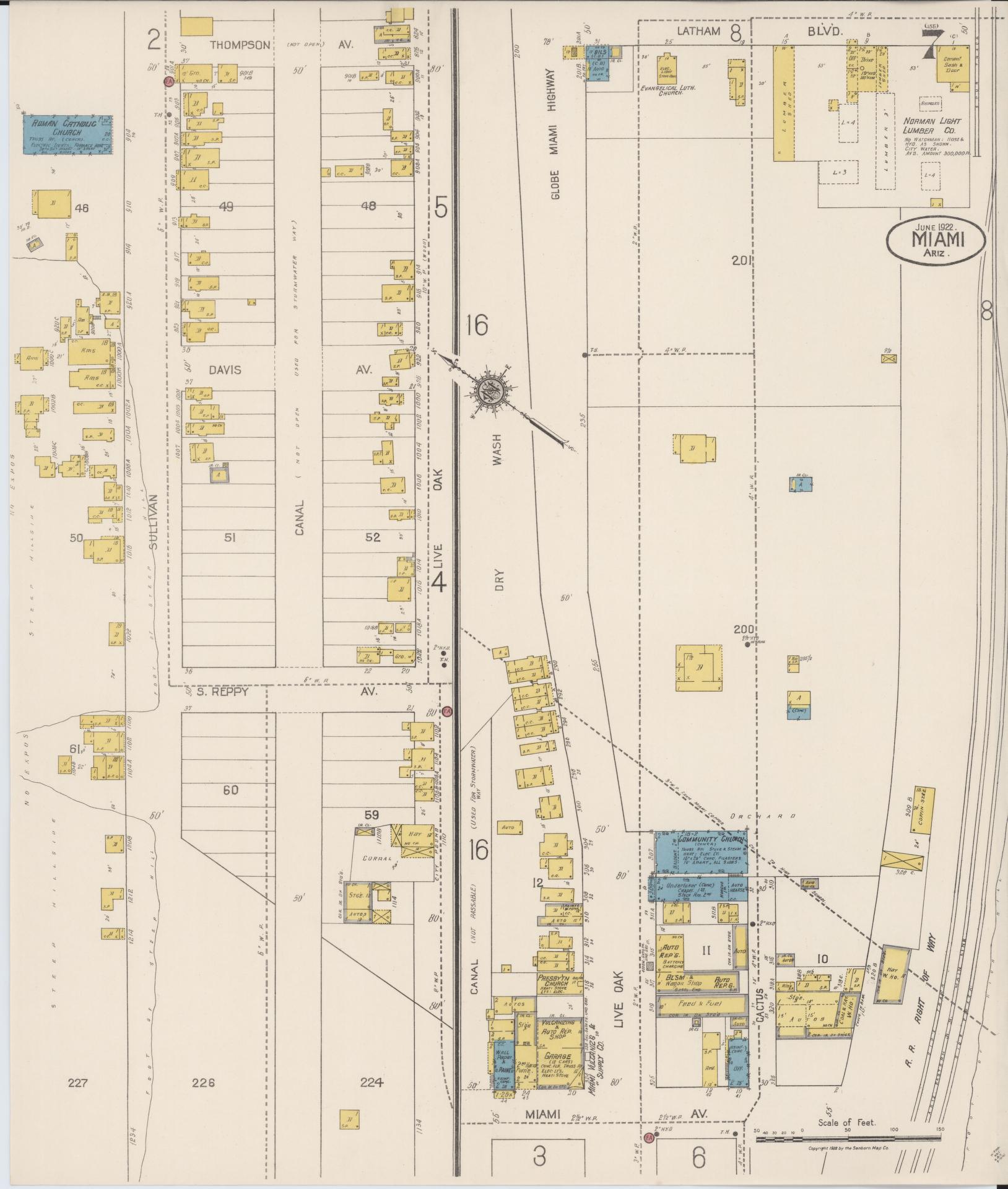 Sanborn Fire Insurance Map from Miami, Gila County, Arizona (1922), Sheet #0007 - Complete Map Set gallery image, historic Sanborn map, vintage wall art, Arizona Arizona