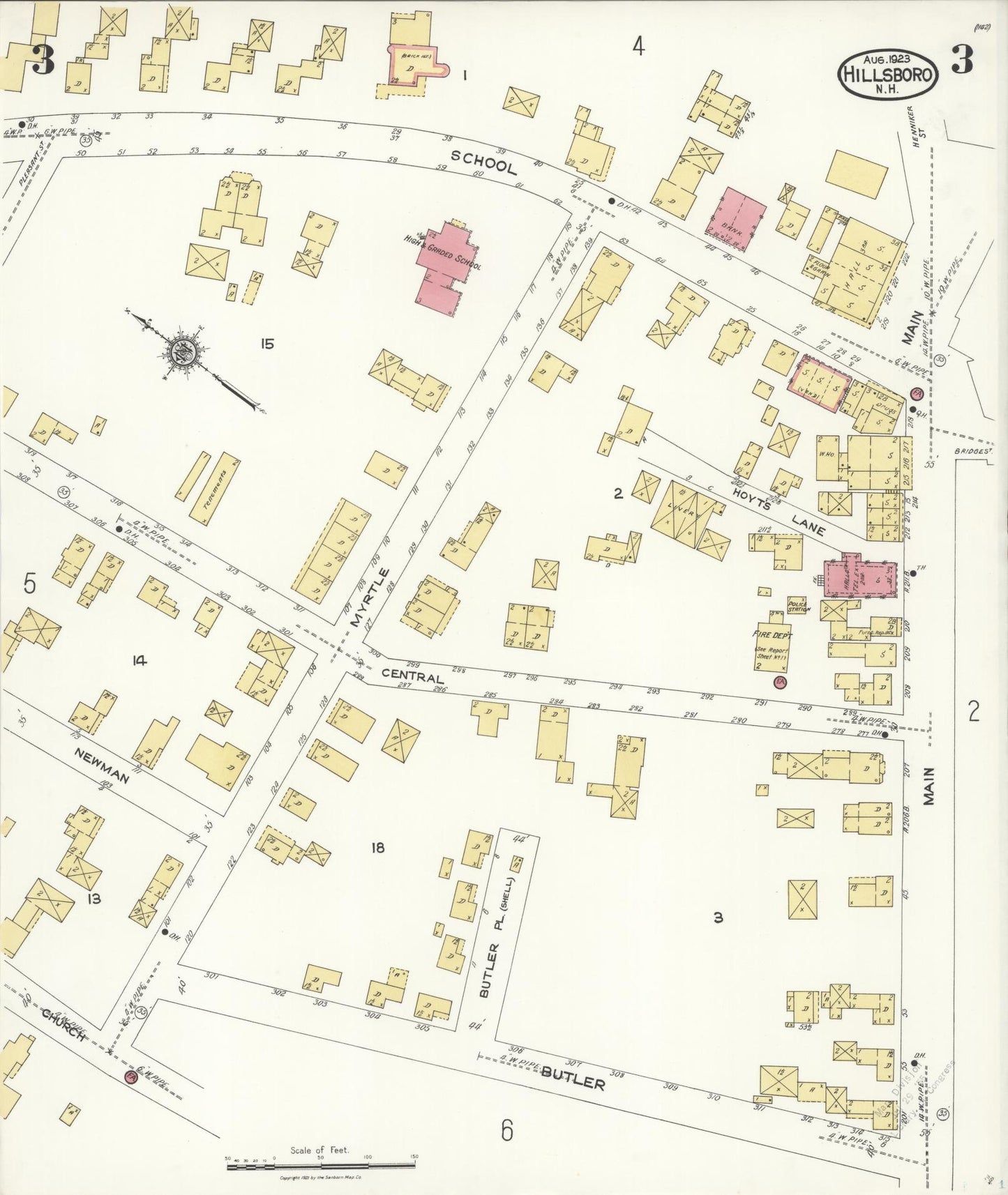 Sanborn Fire Insurance Map from Hillsboro, Hillsborough County, New Hampshire (1923), Sheet #0003 - Complete Map Set gallery image, historic Sanborn map, vintage wall art, New Hampshire New Hampshire