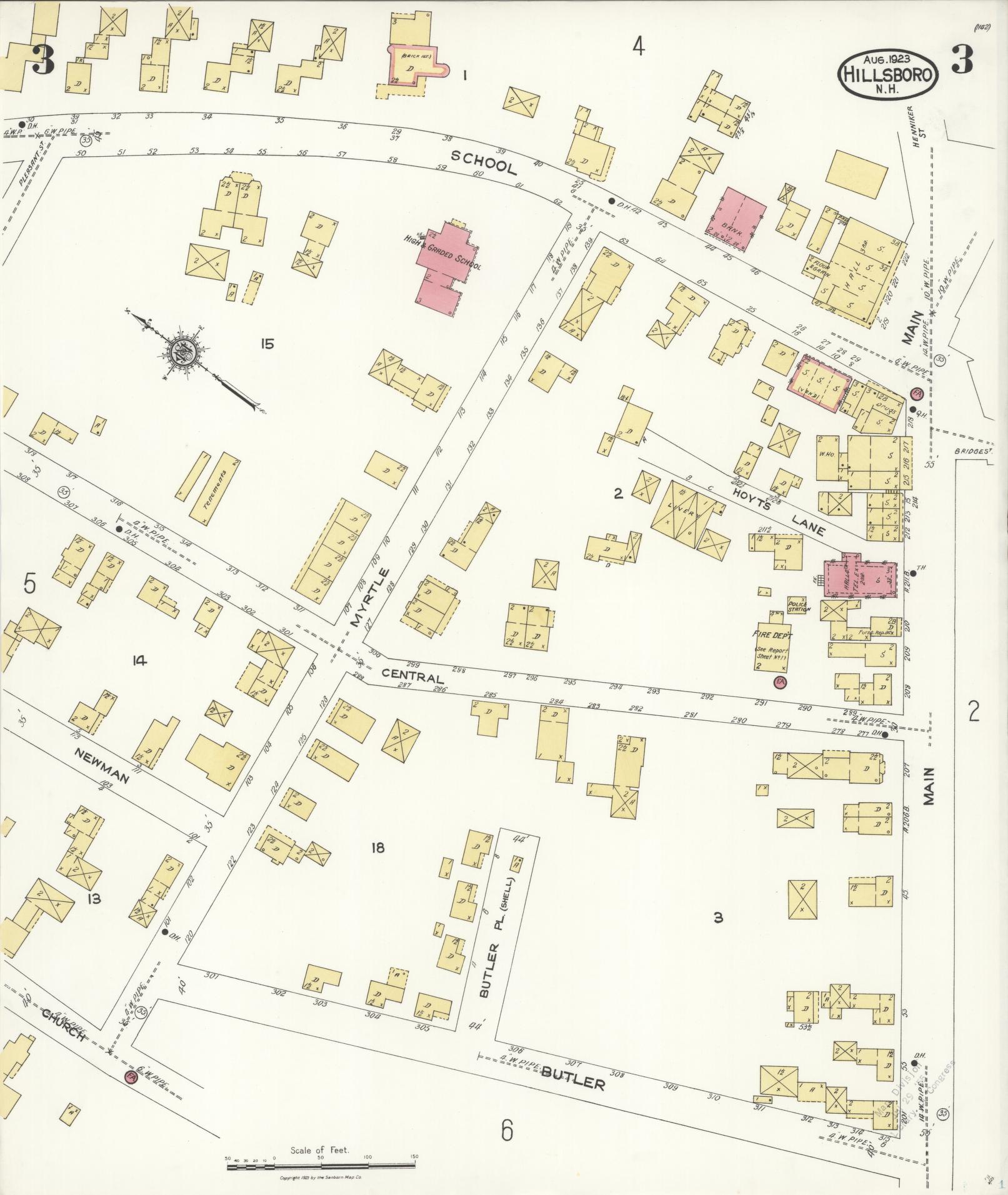 Sanborn Fire Insurance Map from Hillsboro, Hillsborough County, New Hampshire (1923), Sheet #0003 - Complete Map Set gallery image, historic Sanborn map, vintage wall art, New Hampshire New Hampshire