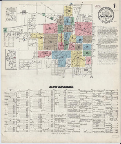 Sanborn Fire Insurance Map from Champaign, Champaign County, Illinois (1915), Sheet #0001 - Complete Map Set gallery image, historic Sanborn map, vintage wall art, Illinois Illinois