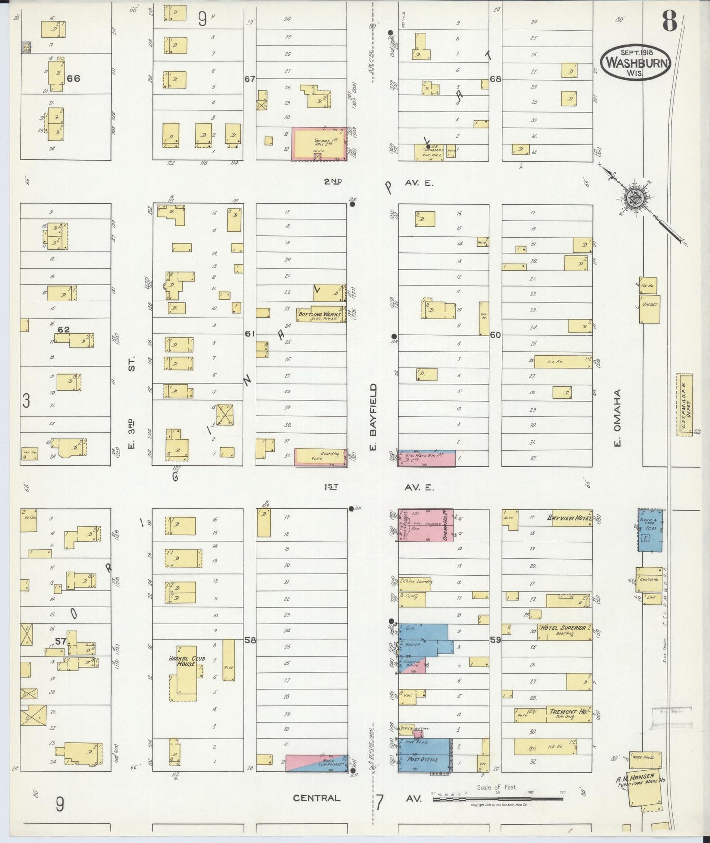 Sanborn Fire Insurance Map from Washburn, Bayfield County, Wisconsin (1918), Sheet #0008 - Historic Sanborn Fire Insurance Map Print, vintage old map wall art, antique decor, genealogy gift, Wisconsin Wisconsin map