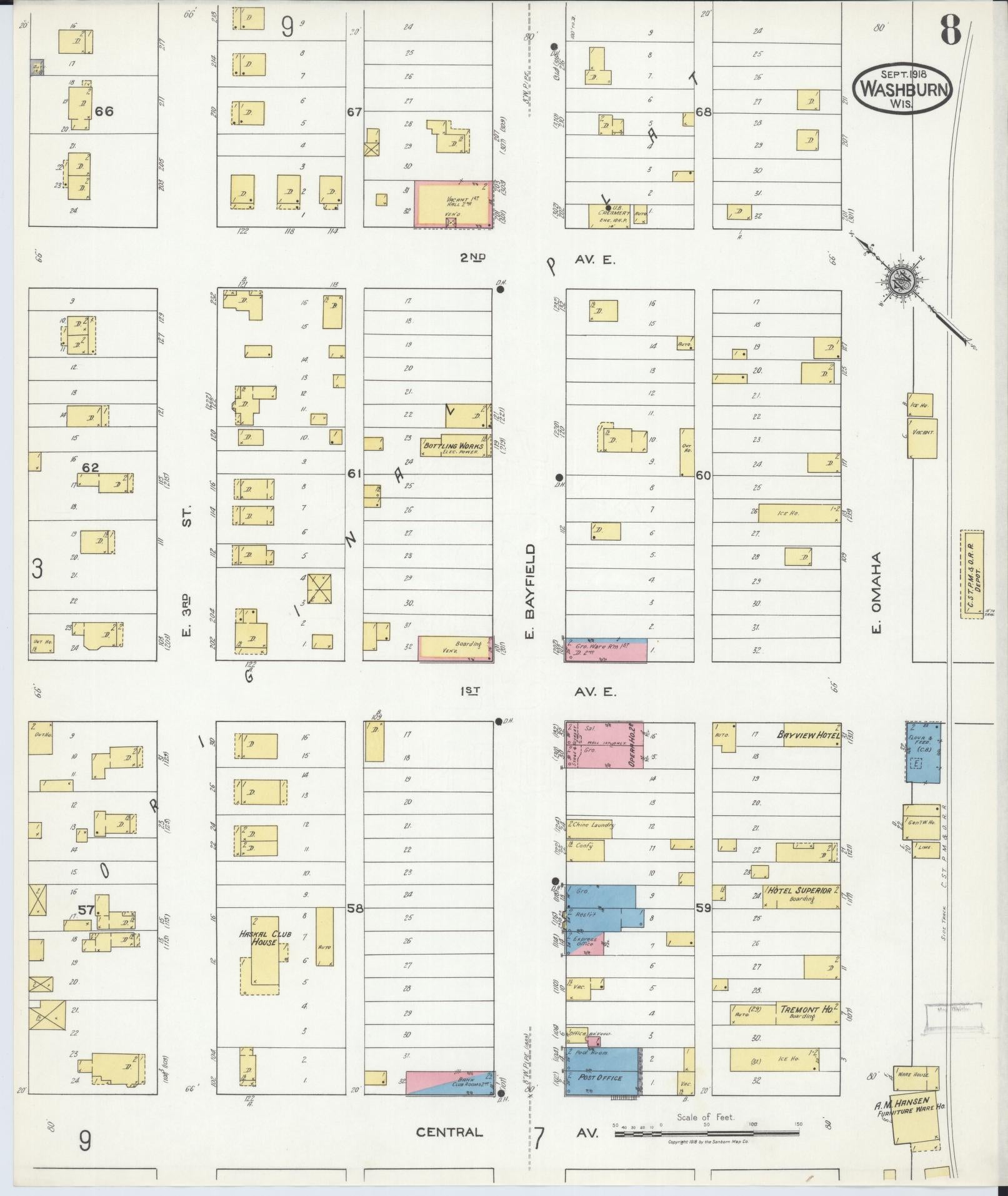 Sanborn Fire Insurance Map from Washburn, Bayfield County, Wisconsin (1918), Sheet #0008 - Historic Sanborn Fire Insurance Map Print, vintage old map wall art, antique decor, genealogy gift, Wisconsin Wisconsin map