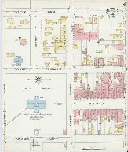 Sanborn Fire Insurance Map from Raleigh, Wake County, North Carolina (1896), Sheet #0004 - Historic Sanborn Fire Insurance Map Print, vintage old map wall art, antique decor, genealogy gift, North Carolina North Carolina map