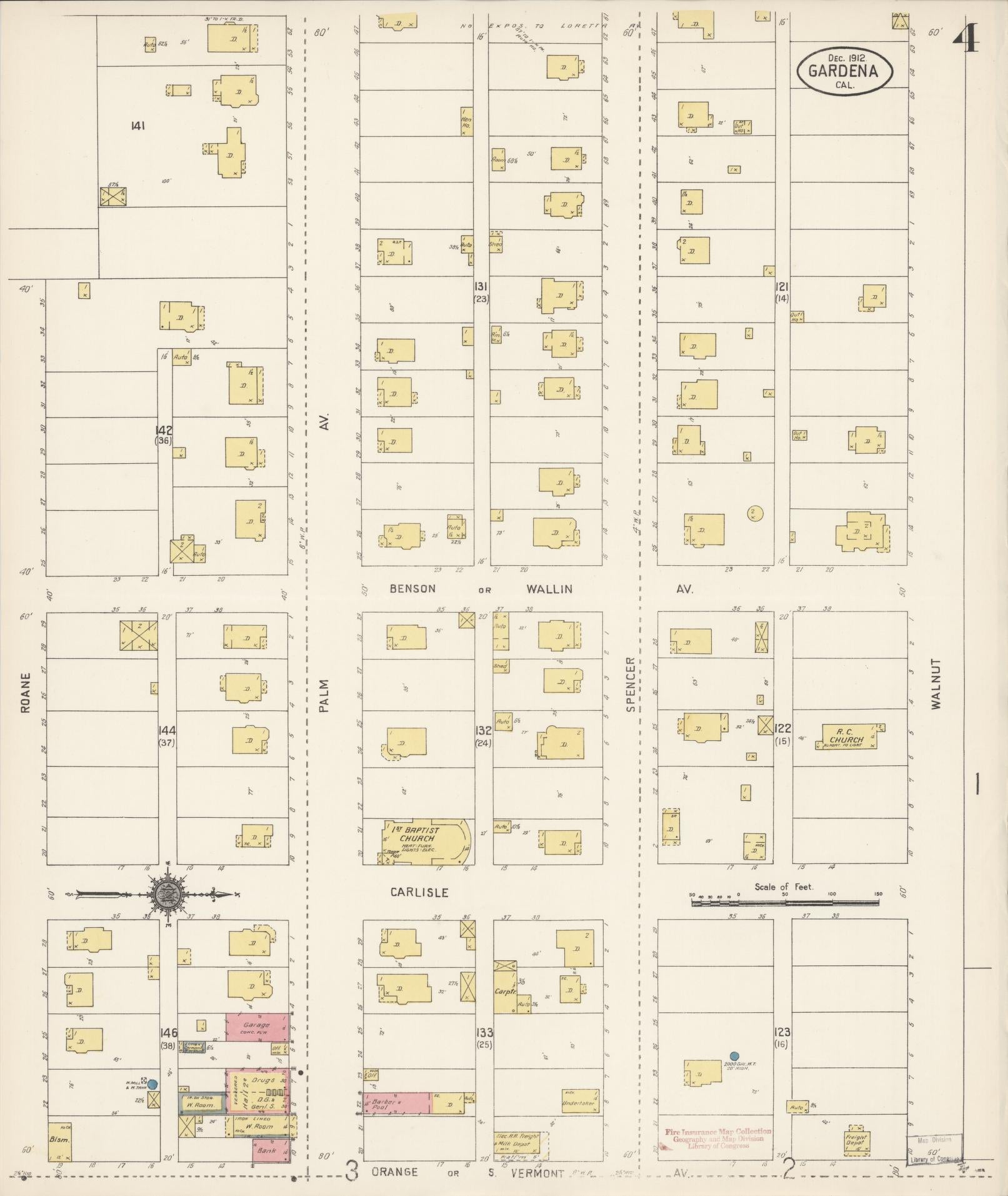 Sanborn Fire Insurance Map from Gardena, Los Angeles County, California (1912), Sheet #0004 - Historic Sanborn Fire Insurance Map Print, vintage old map wall art, antique decor, genealogy gift, California California map
