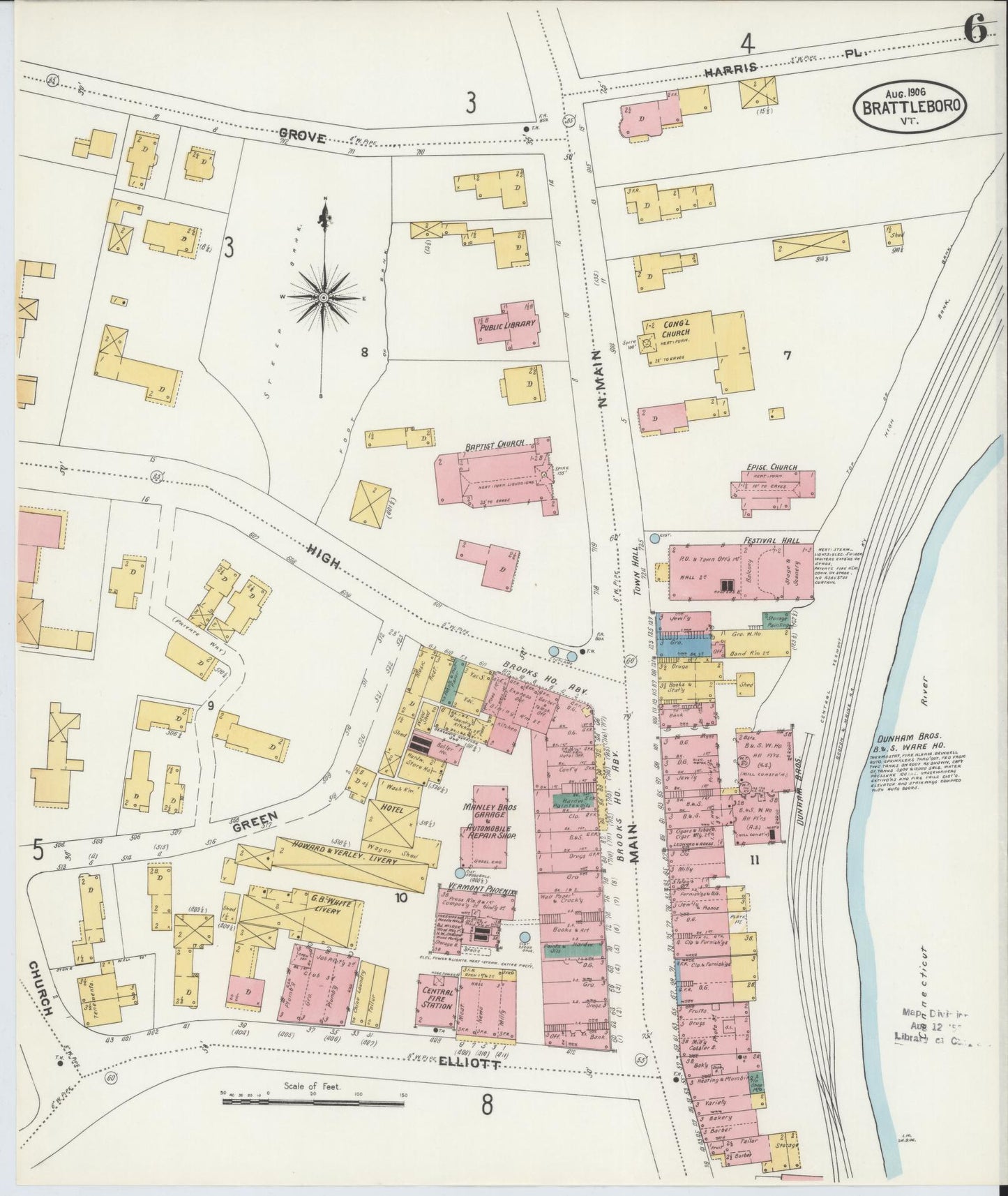 Sanborn Fire Insurance Map from Brattleboro, Windham County, Vermont (1906), Sheet #0006 - Complete Map Set gallery image, historic Sanborn map, vintage wall art, Vermont Vermont