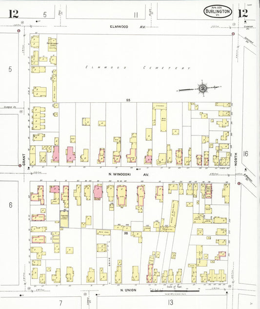 Sanborn Fire Insurance Map from Burlington, Chittenden County, Vermont (1926), Sheet #0012 - Historic Sanborn Fire Insurance Map Print, vintage old map wall art, antique decor, genealogy gift, Vermont Vermont map