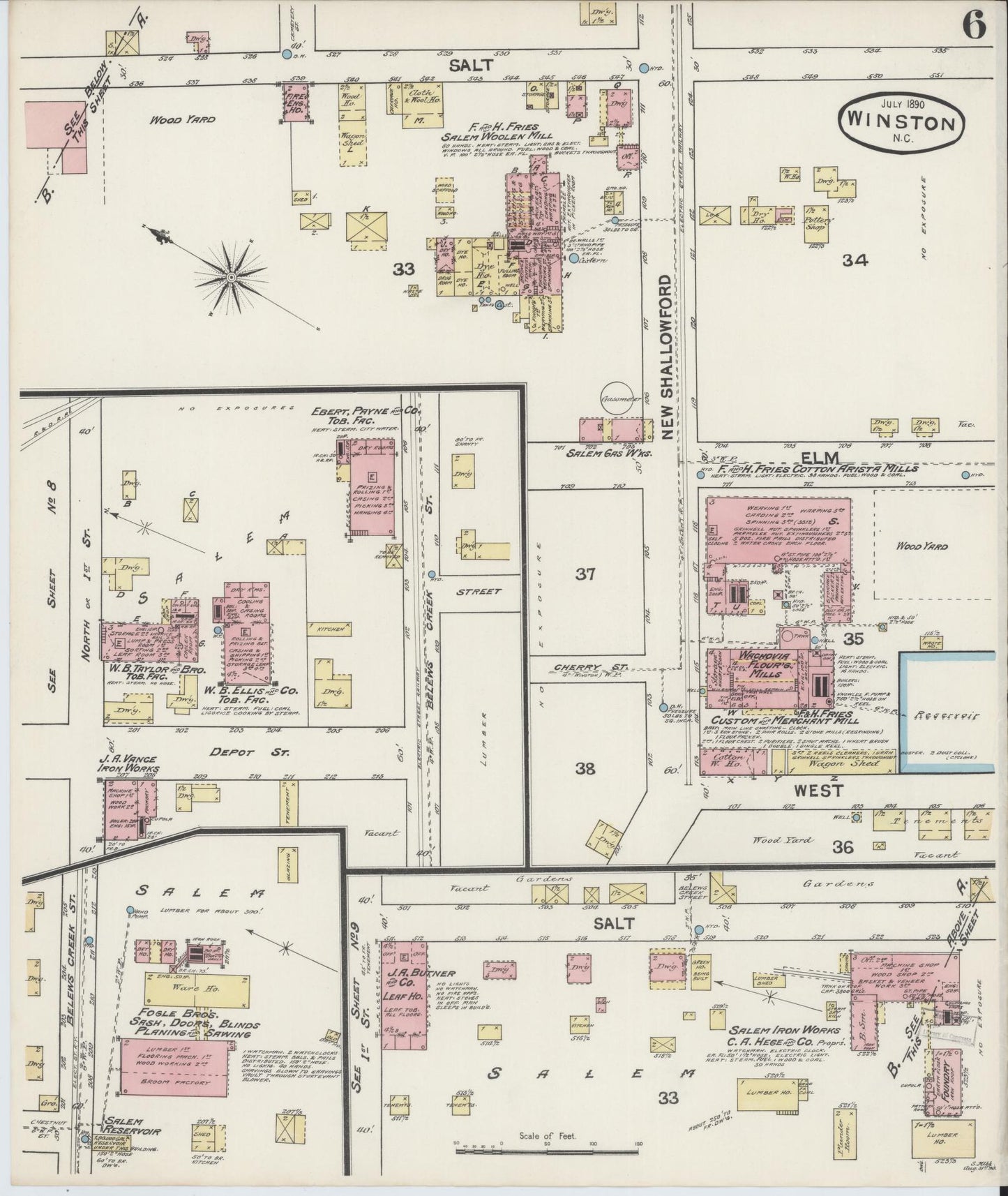 Sanborn Fire Insurance Map from Winston-Salem, Forsyth County, North Carolina (1890), Sheet #0006 - Complete Map Set gallery image, historic Sanborn map, vintage wall art, North Carolina North Carolina