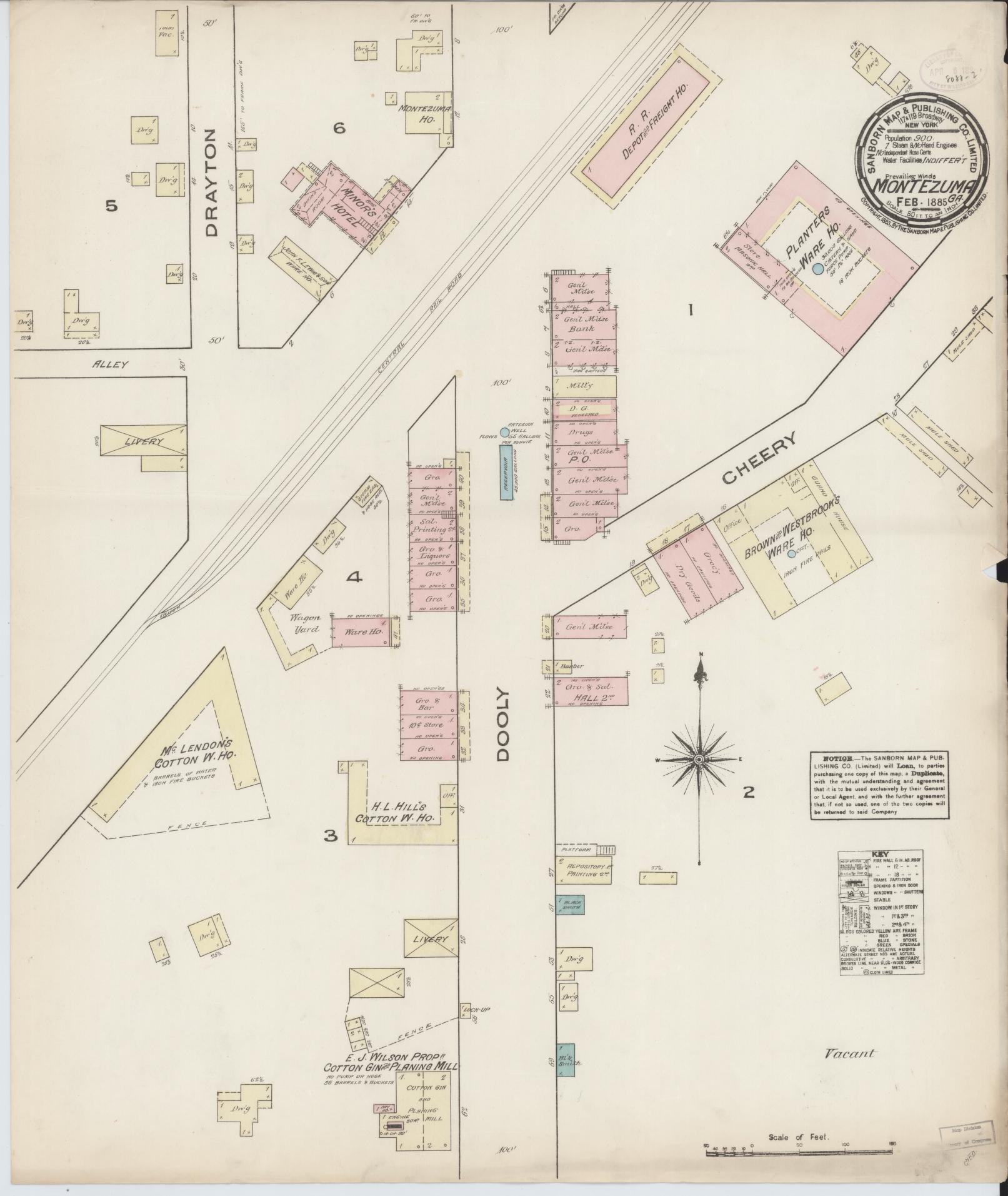 Sanborn Fire Insurance Map from Montezuma, Macon County, Georgia (1885), Sheet #0001 - Historic Sanborn Fire Insurance Map Print, vintage old map wall art, antique decor, genealogy gift, Georgia Georgia map