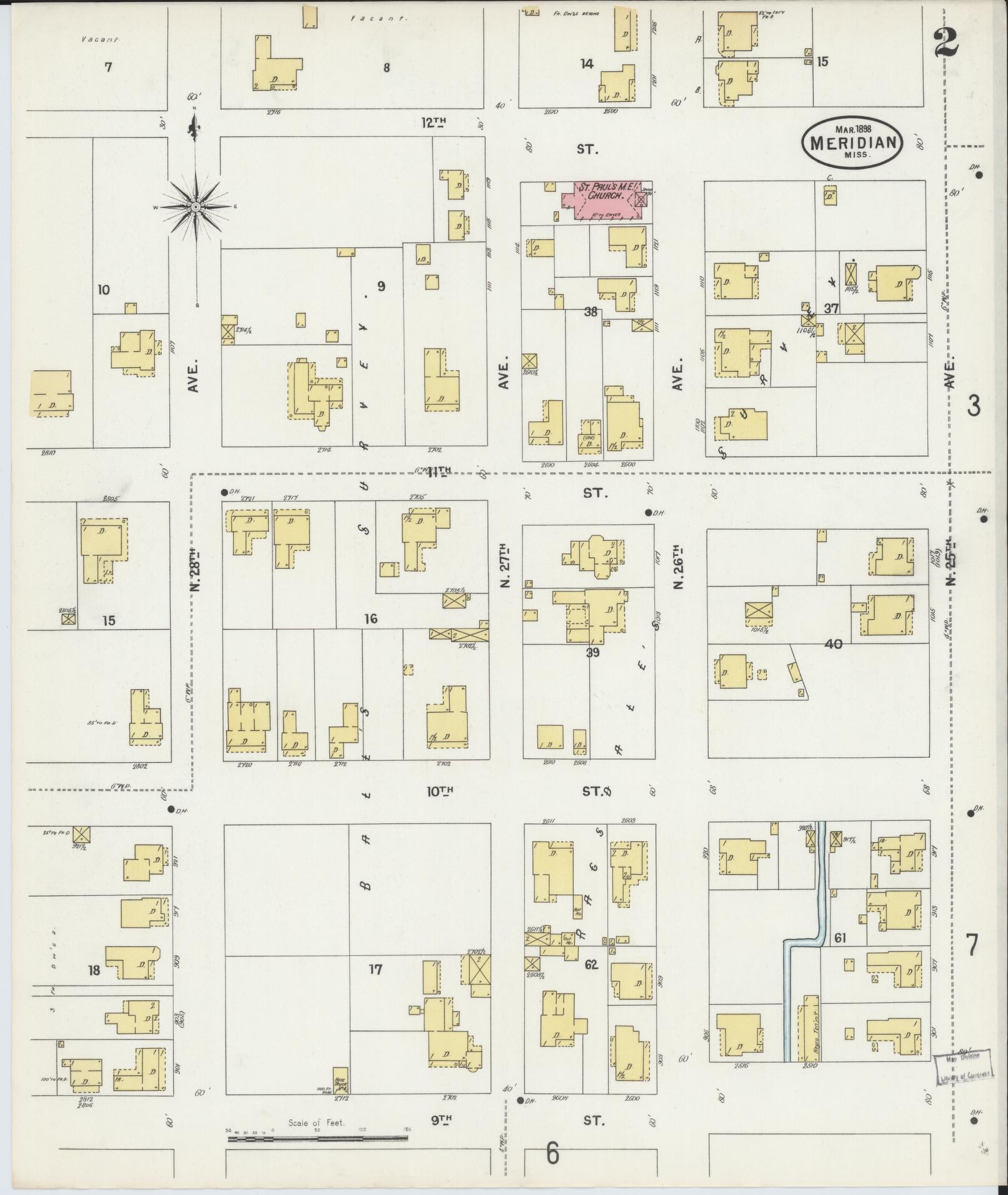 Sanborn Fire Insurance Map from Meridian, Lauderdale County, Mississippi (1898), Sheet #0002 - Complete Map Set gallery image, historic Sanborn map, vintage wall art, Mississippi Mississippi