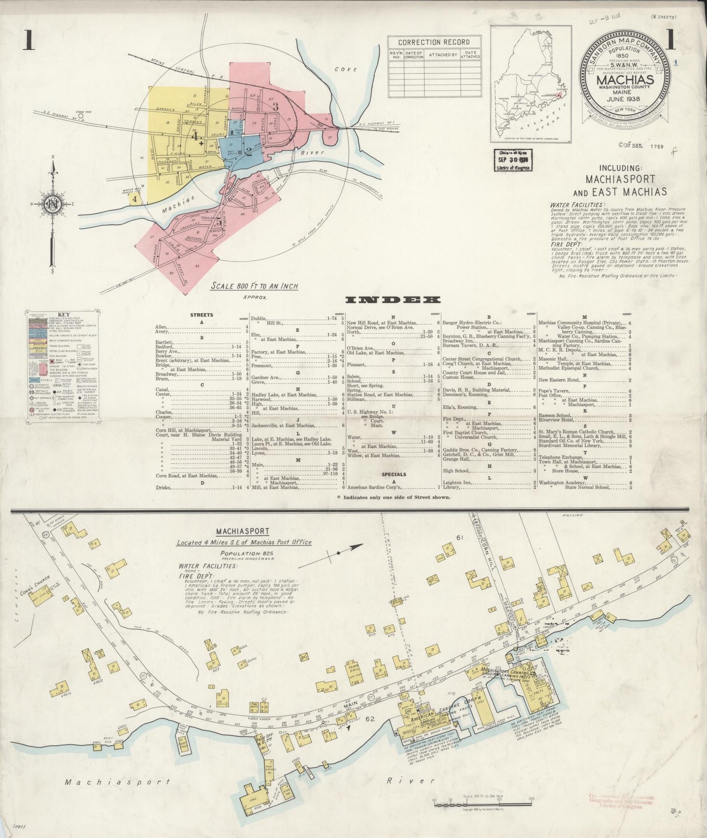 Sanborn Fire Insurance Map from Machias, Washington County, Maine (1938), Sheet #0001 - Historic Sanborn Fire Insurance Map Print, vintage old map wall art, antique decor, genealogy gift, Maine Maine map