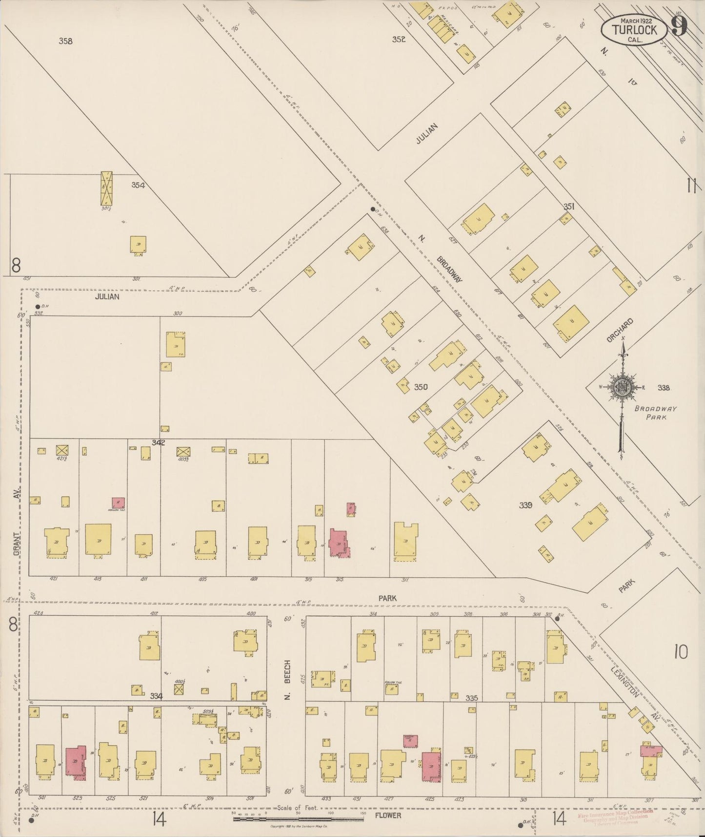 Sanborn Fire Insurance Map from Turlock, Stanislaus County, California (1922), Sheet #0009 - Complete Map Set gallery image, historic Sanborn map, vintage wall art, California California