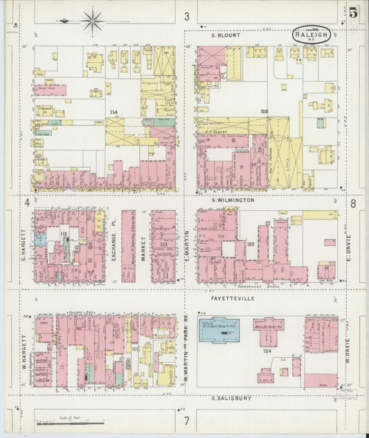 Sanborn Fire Insurance Map from Raleigh, Wake County, North Carolina (1896), Sheet #0005 - Historic Sanborn Fire Insurance Map Print, vintage old map wall art, antique decor, genealogy gift, North Carolina North Carolina map